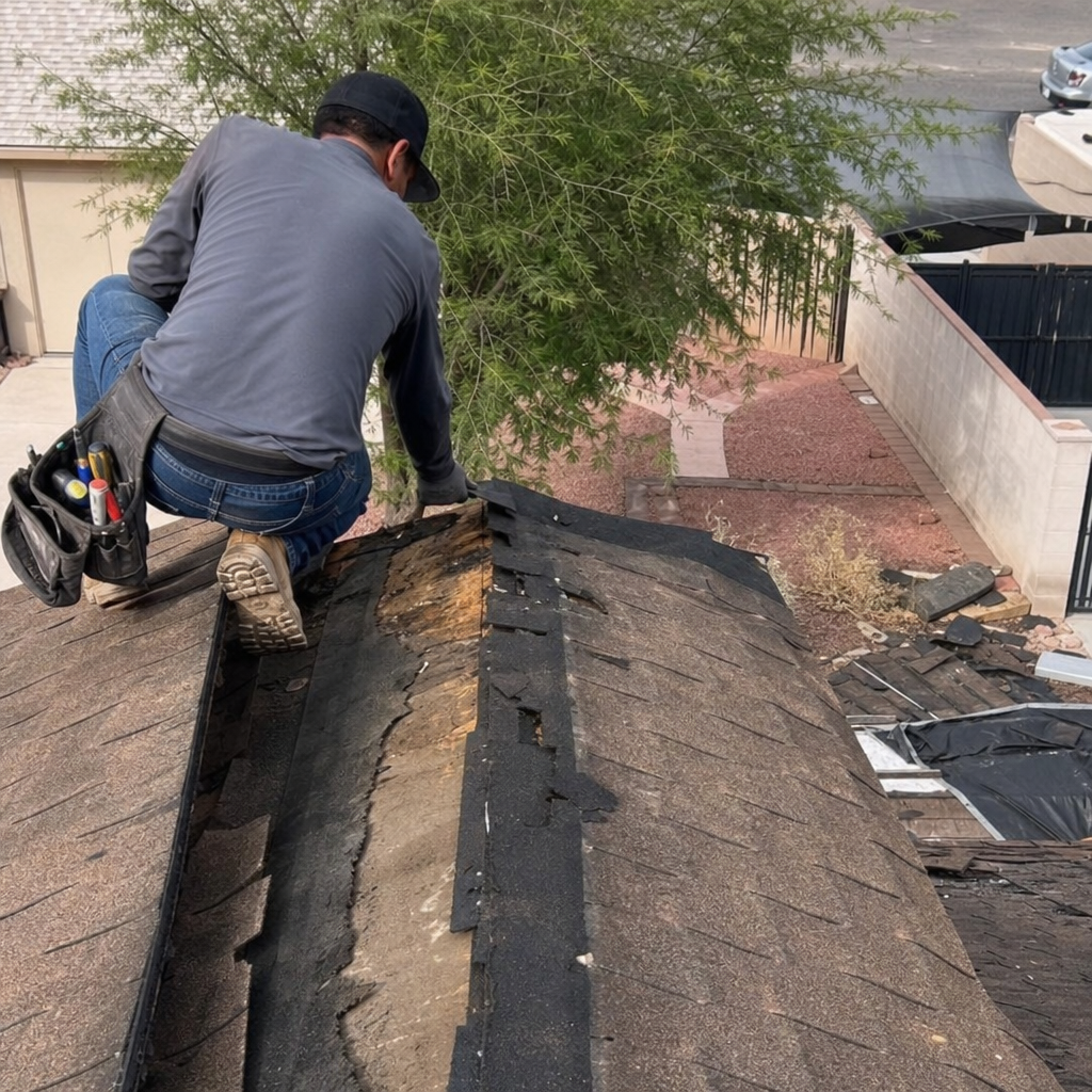 Roofer assessing storm damage on a roof in Las Vegas, NV