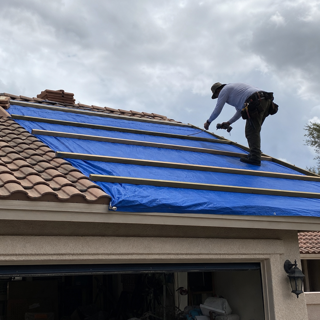 Roofer repairs storm-damaged roof with blue tarp and wooden planks. in Las Vegas, NV