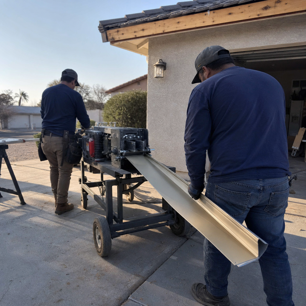 Professional installing gutters with a gutter machine in Las Vegas, NV
