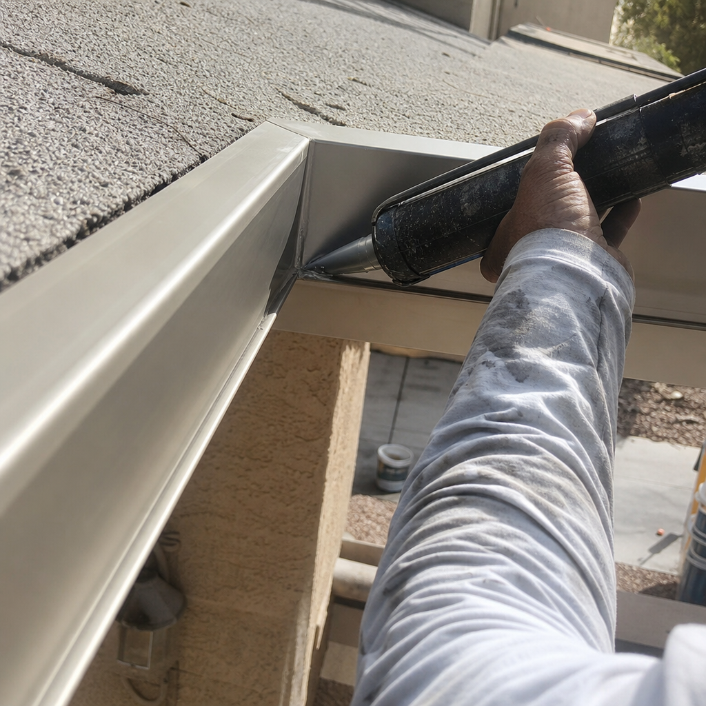 Worker sealing aluminum gutters with caulk gun on rooftop in Las Vegas, NV