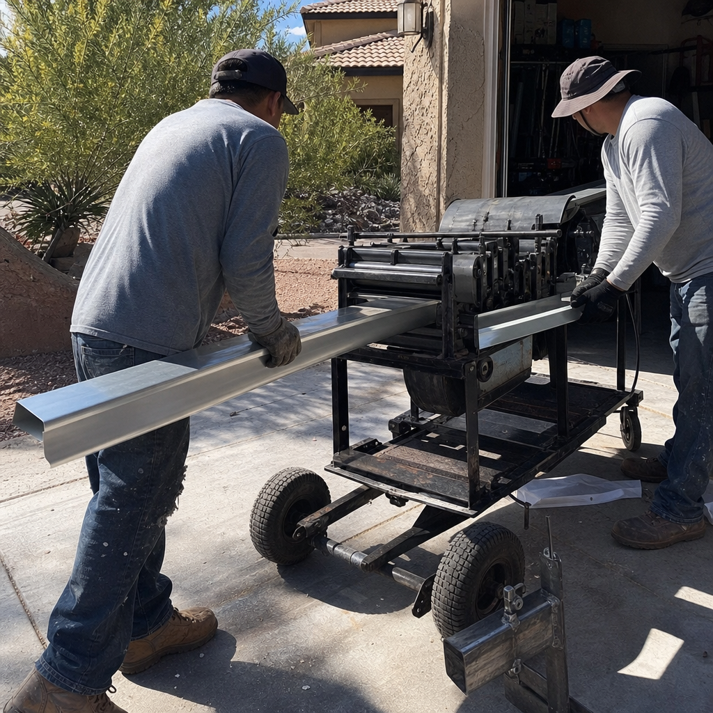Workers use gutter machine to bend metal siding for roofing project in Las Vegas, NV
