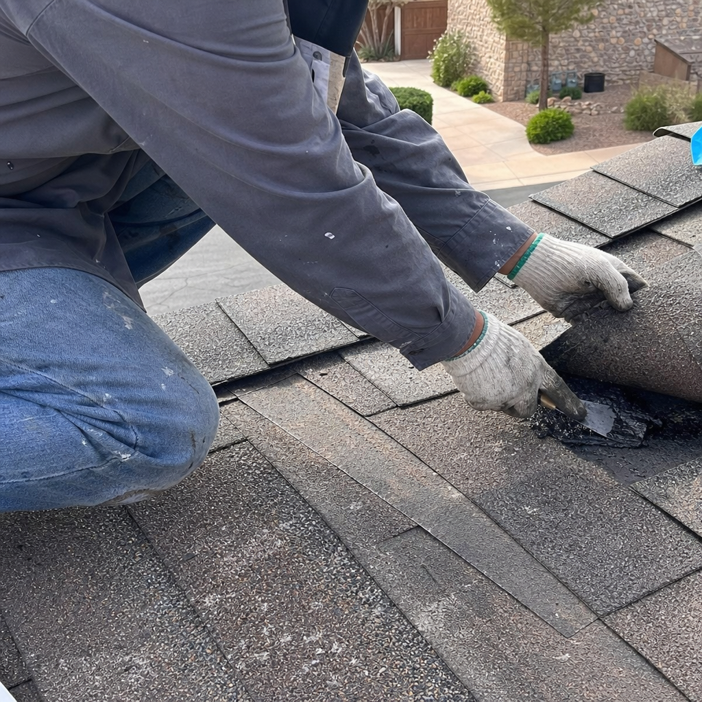 Roofer performing roof repair with a putty knife
