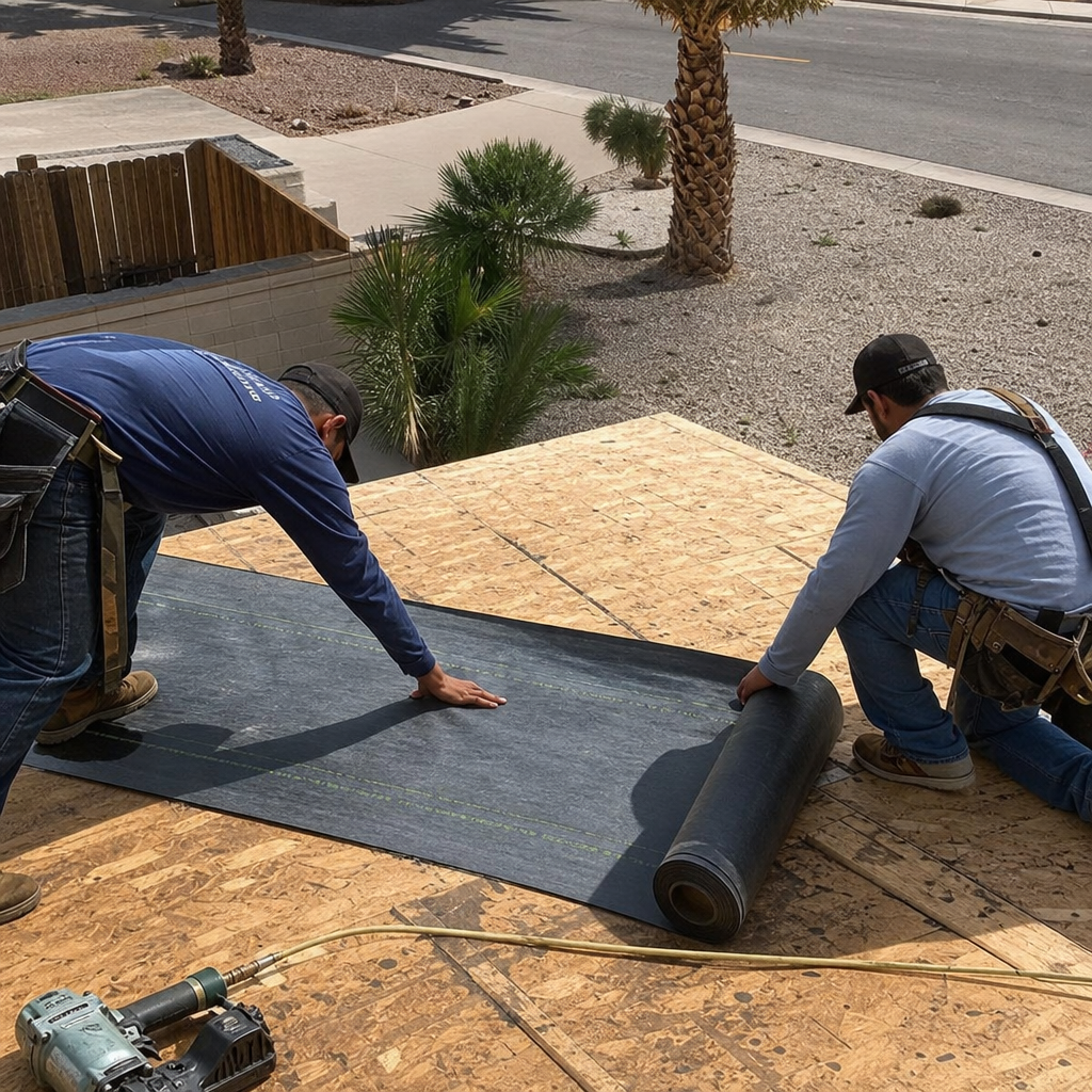 Roofers installing underlayment during roof replacement and installation.