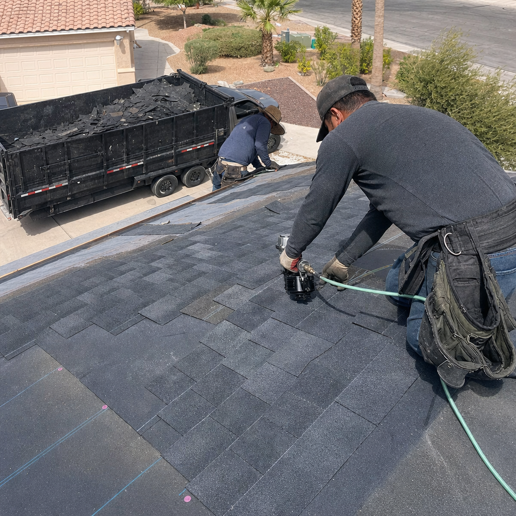 Roofers installing new shingles during a roof replacement.