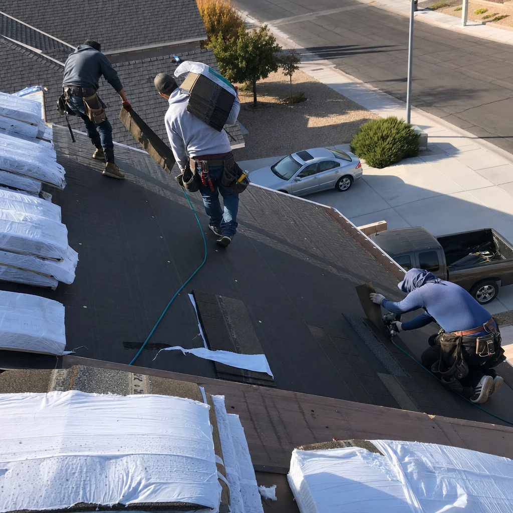 Roofers installing shingles during a roof replacement and installation project.
