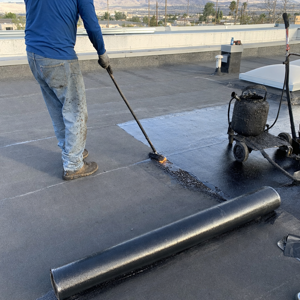 Roofer applies hot asphalt to flat roof with torch