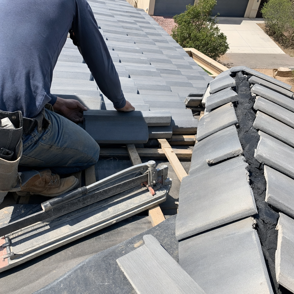 Roofer installing specialty gray tiles on a rooftop.