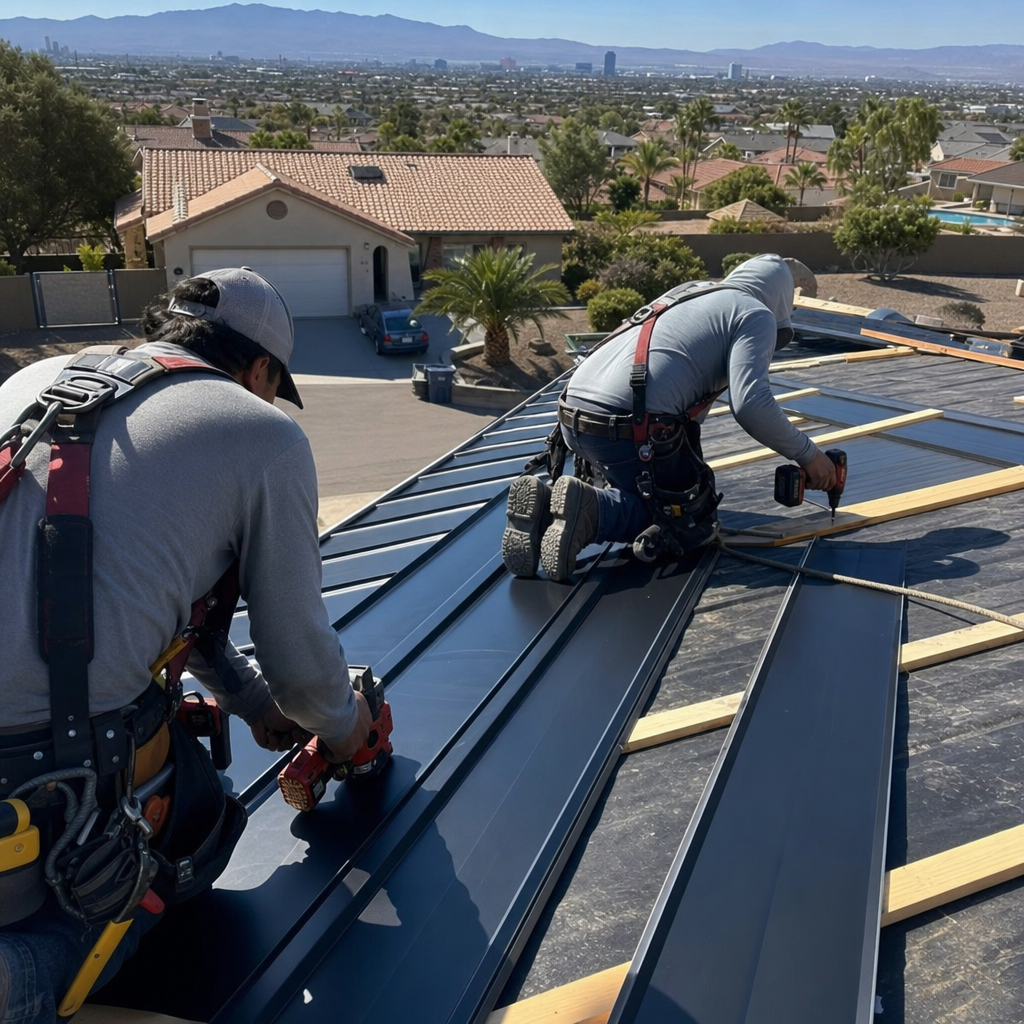 Roofers install standing seam metal roofing panels on a residential property.