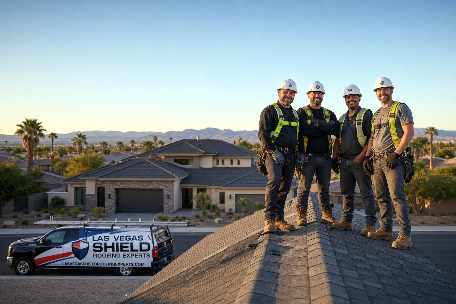 Las Vegas Shield Roofing Experts service vehicle and crew in Las Vegas, NV